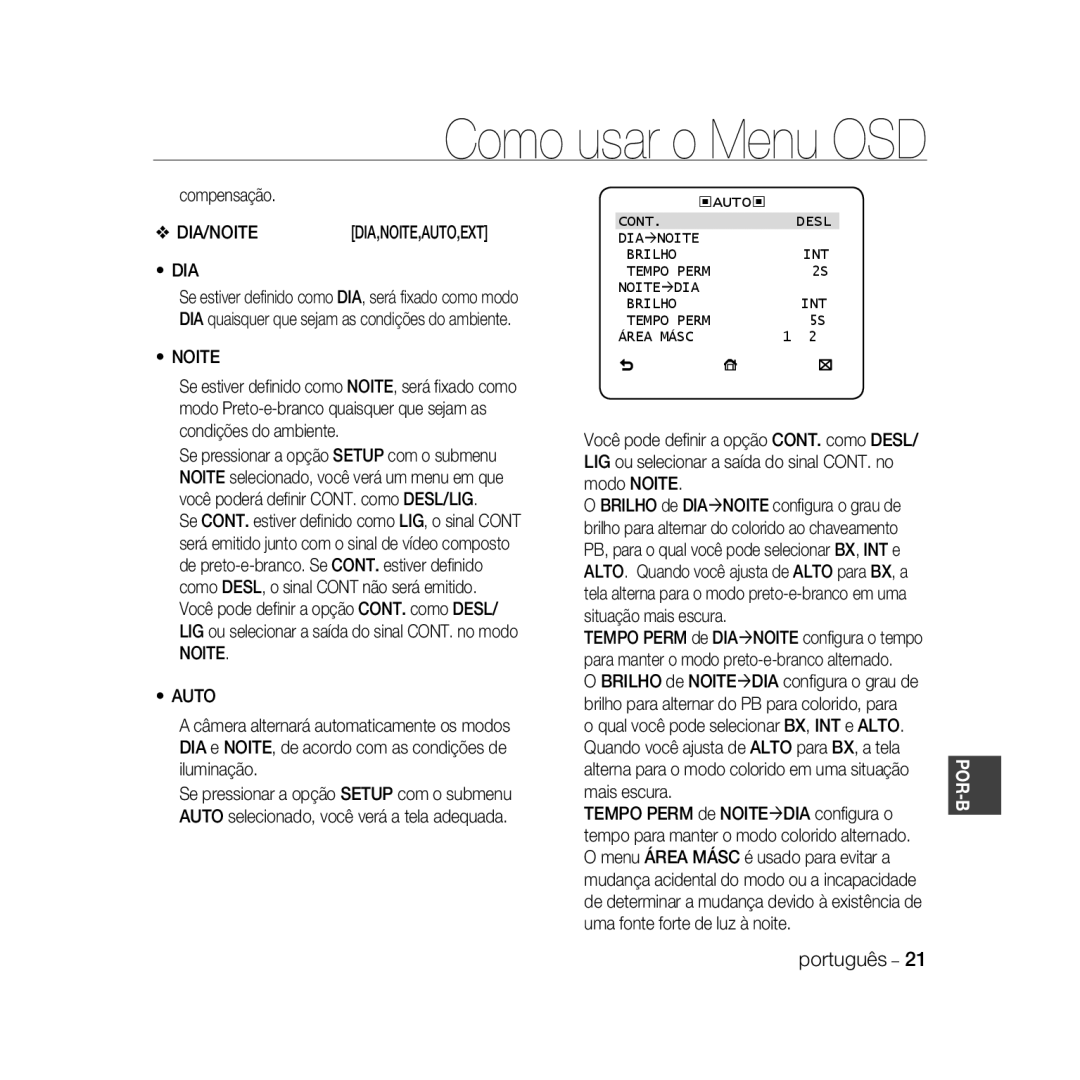 Samsung SCC-B5333BP, SCC-B5335P, SCC-B5335BP, SCC-B5331P, SCC-B5331BP, SCC-B5333P/CDM, SCC-B5331N Compensação, Noite Auto 