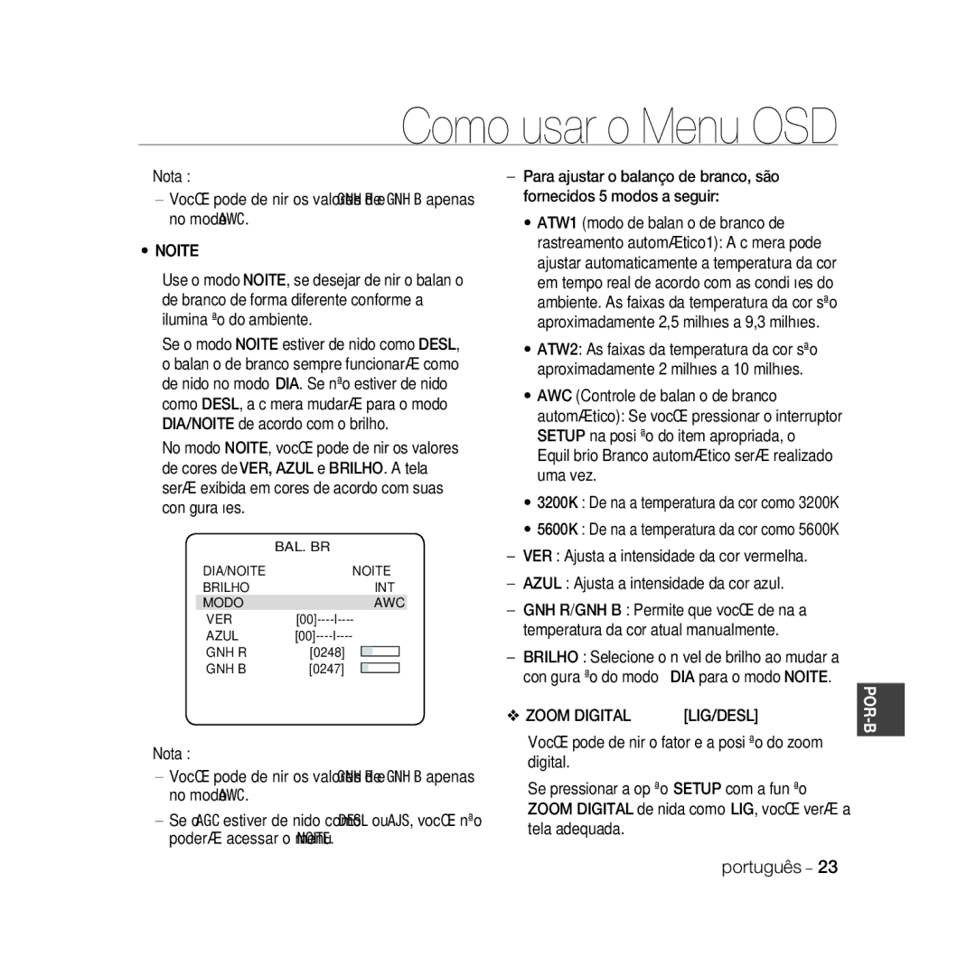 Samsung SCC-B5331P, SCC-B5335P, SCC-B5335BP, SCC-B5333BP, SCC-B5331BP, SCC-B5333P/CDM, SCC-B5331N manual Zoom Digital LIG/DESL 