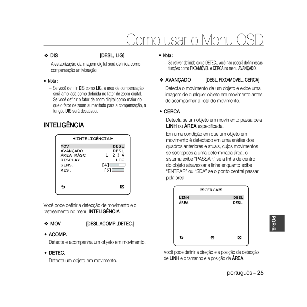 Samsung SCC-B5333P/CDM, SCC-B5335P, SCC-B5335BP, SCC-B5333BP, SCC-B5331P, SCC-B5331BP Inteligência, Avançado, Acomp, Detec 