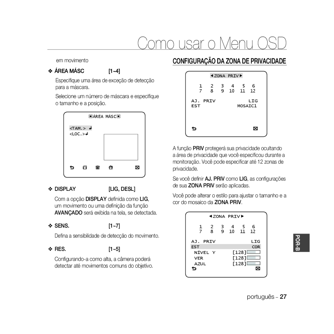 Samsung SCC-B5335P, SCC-B5335BP manual Em movimento, Área Másc, Especiﬁque uma área de exceção de detecção para a máscara 