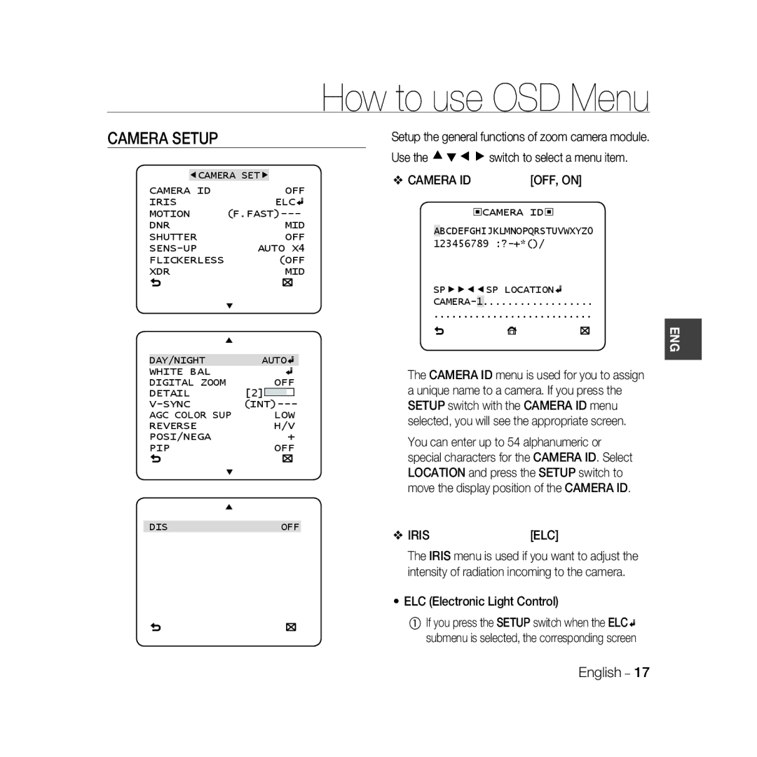 Samsung SCC-B5335BP, SCC-B5335P, SCC-B5333BP, SCC-B5333P, SCC-B5331P Camera Setup, Iris ELC, ELC Electronic Light Control 