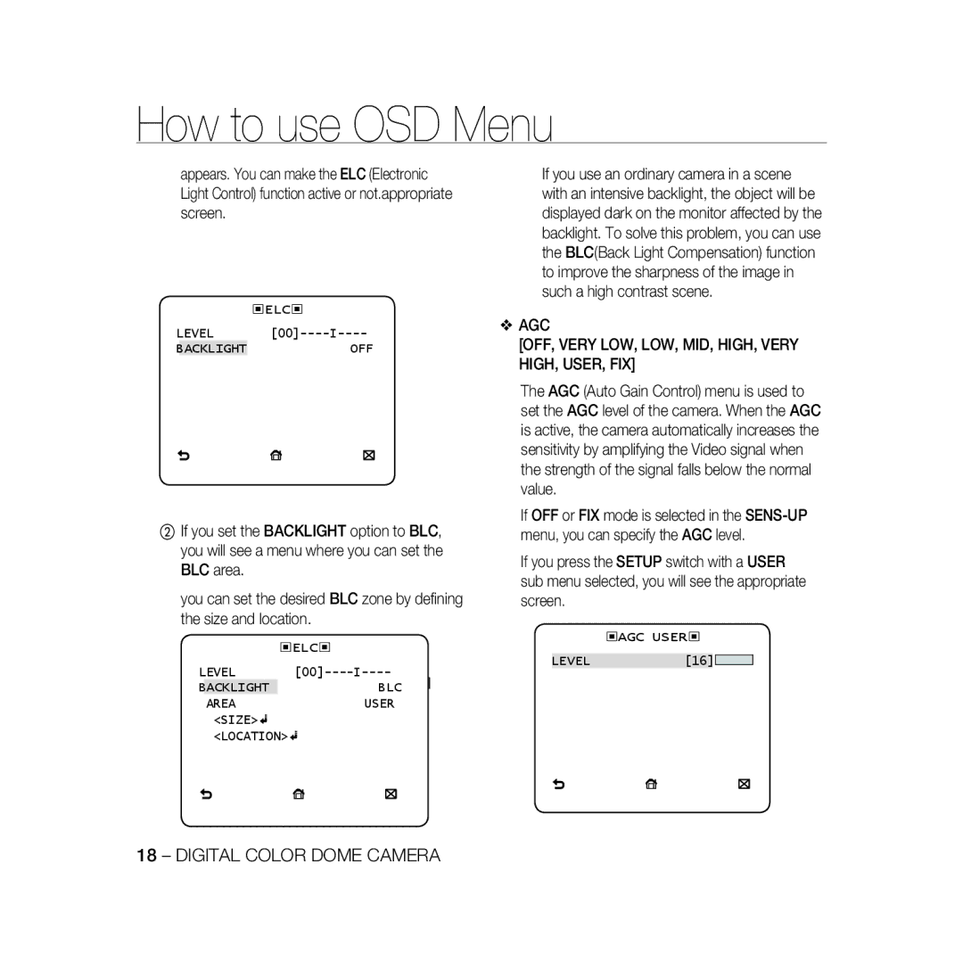 Samsung SCC-B5333BP, SCC-B5335P, SCC-B5335BP, SCC-B5333P, SCC-B5331P AGC OFF, Very LOW, LOW, MID, HIGH, Very HIGH, USER, FIX 