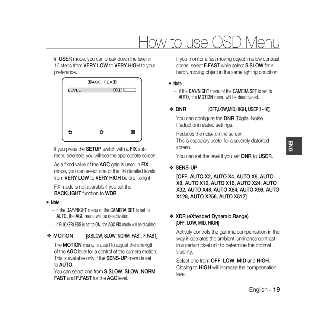 Samsung SCC-B5335P, SCC-B5335BP, SCC-B5333BP, SCC-B5331P, SCC-B5331BP, SCC-B5333P/CDM, SCC-B5331N manual Dnr, Motion 