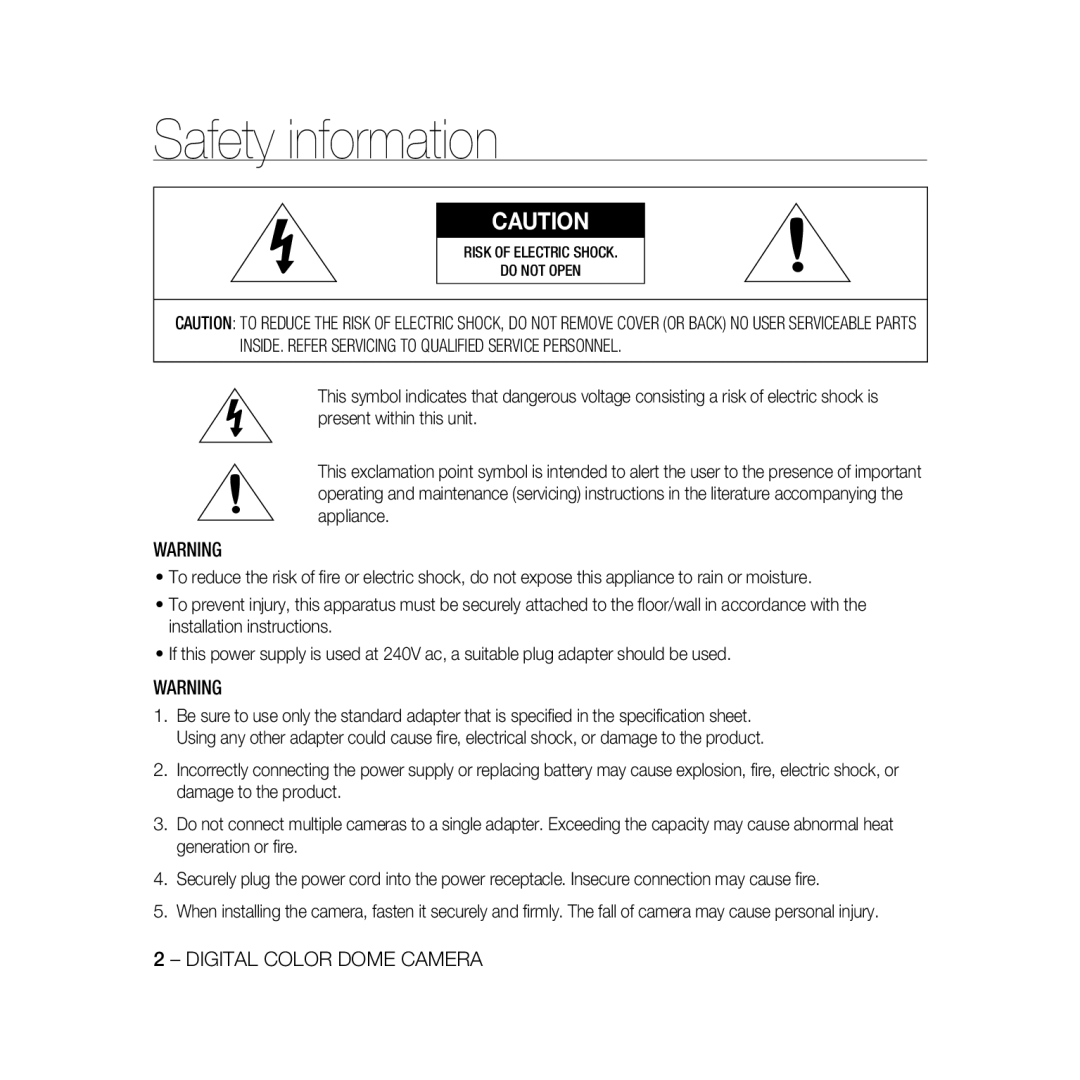 Samsung SCC-B5333BP, SCC-B5335P, SCC-B5335BP, SCC-B5331P, SCC-B5331BP, SCC-B5333P/CDM, SCC-B5331N manual Safety information 