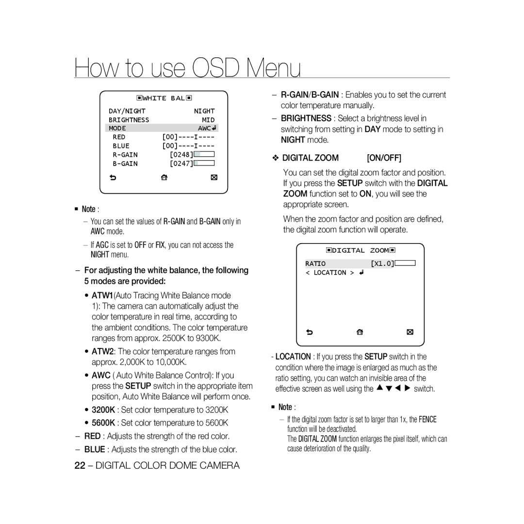 Samsung SCC-B5333P/CDM, SCC-B5335P, SCC-B5335BP, SCC-B5333BP, SCC-B5331P, SCC-B5331BP, SCC-B5331N manual Digital Zoom,  Note 