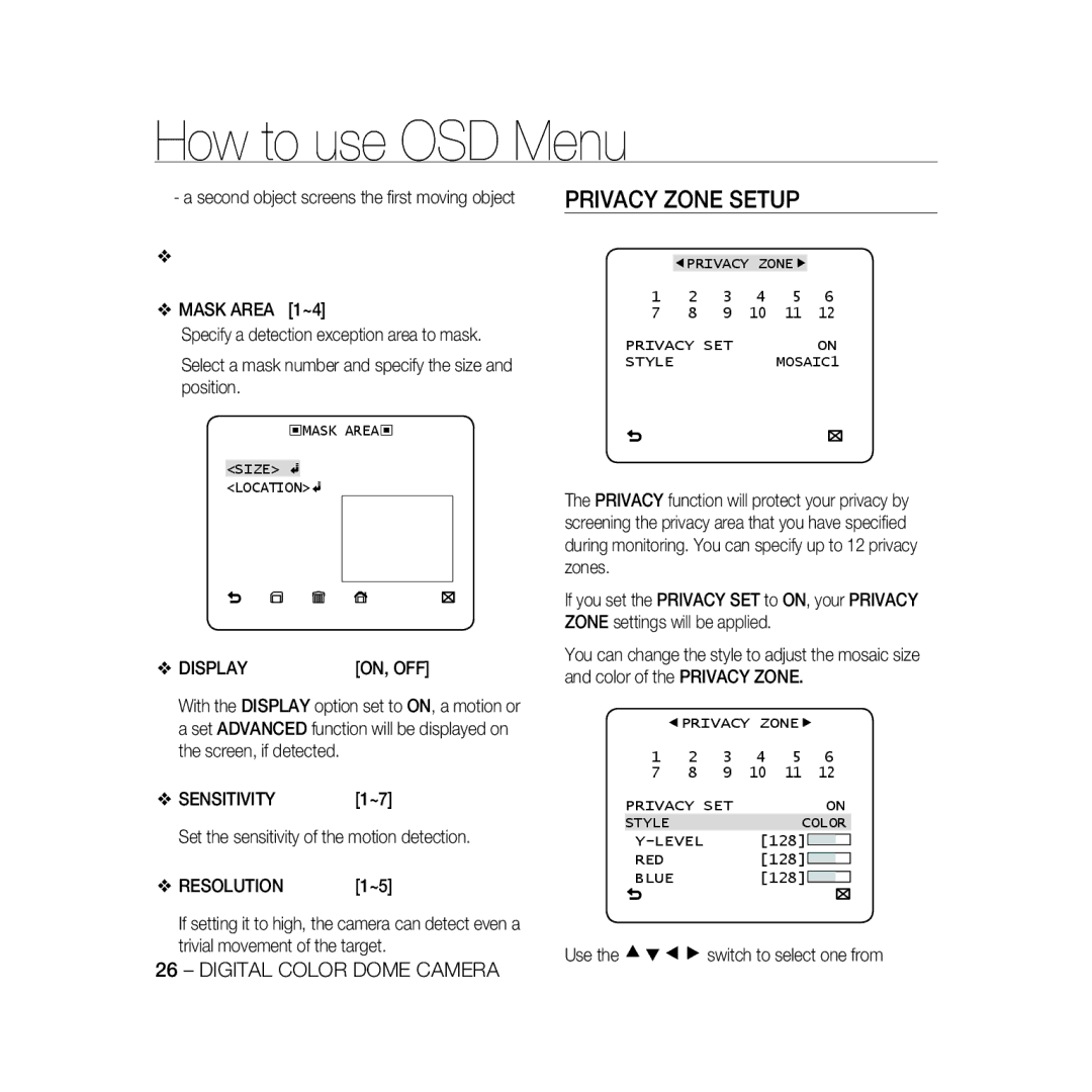 Samsung SCC-B5333BP, SCC-B5335P, SCC-B5335BP, SCC-B5333P, SCC-B5331P Privacy Zone Setup, Display, Sensitivity, Resolution 