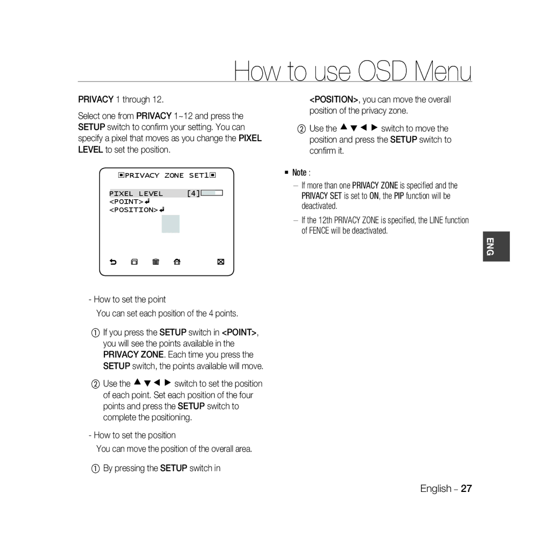 Samsung SCC-B5333P, SCC-B5335P, SCC-B5335BP, SCC-B5333BP, SCC-B5331P manual ‹PRIVACY Zone SET1‹ Pixel Level Point Position 