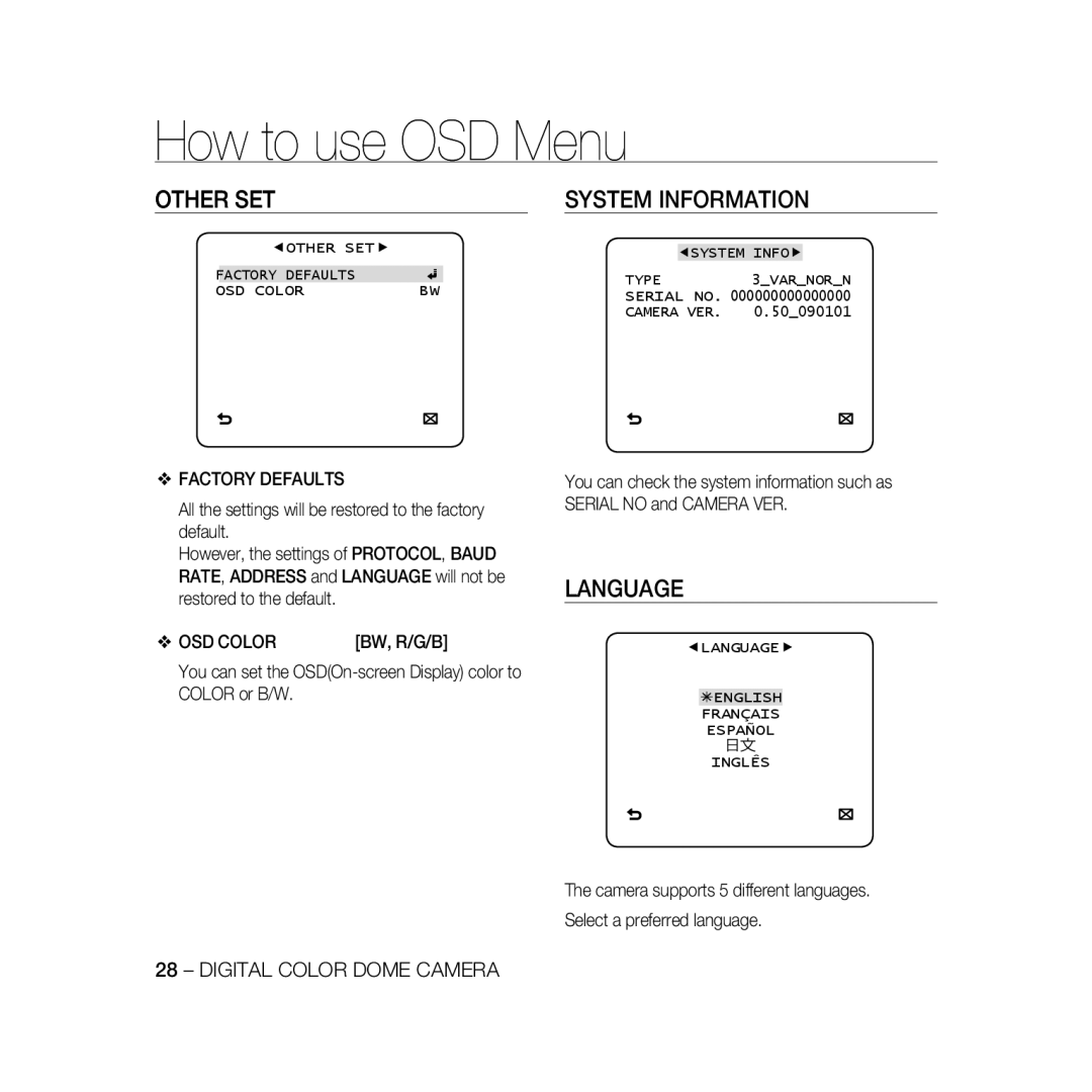 Samsung SCC-B5331P, SCC-B5335P, SCC-B5335BP, SCC-B5333P Other SET, System Information, Language, Factory Defaults, OSD Color 