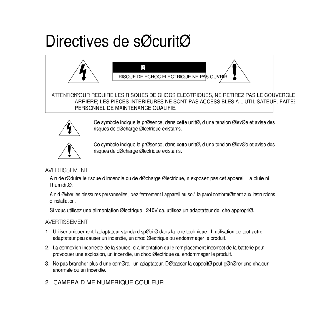 Samsung SCC-B5331P, SCC-B5335P, SCC-B5335BP, SCC-B5333BP, SCC-B5333P, SCC-B5331BP manual Directives de sécurité, Avertissement 