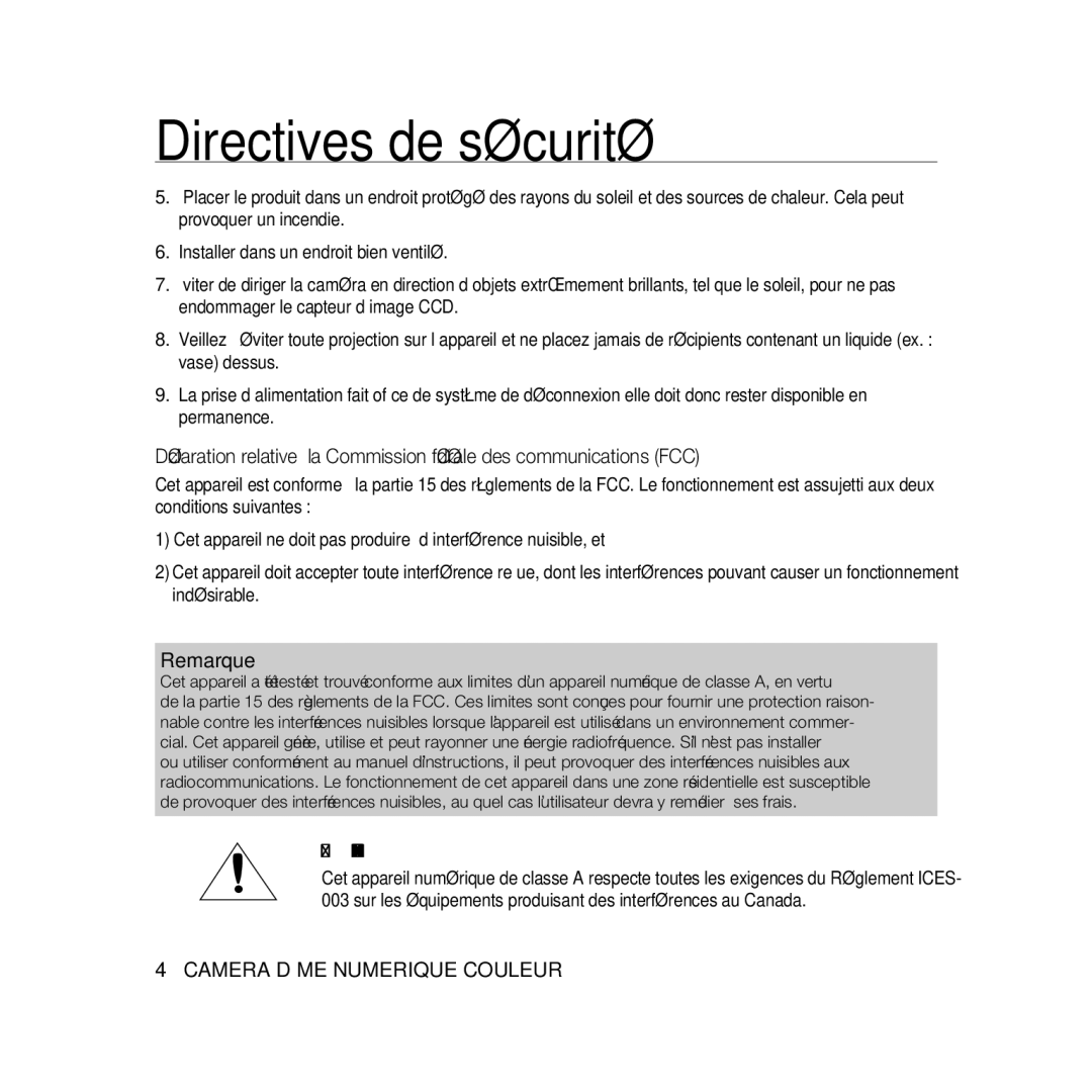 Samsung SCC-B5333P/CDM, SCC-B5335P, SCC-B5335BP, SCC-B5333BP, SCC-B5331P, SCC-B5331BP, SCC-B5331N manual Remarque 