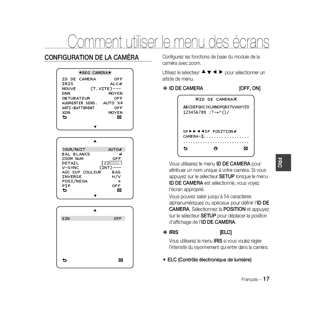 Samsung SCC-B5333P, SCC-B5335P manual Configuration DE LA Caméra, ID DE CAMERAOFF, on, ELC Contrôle électronique de lumière 