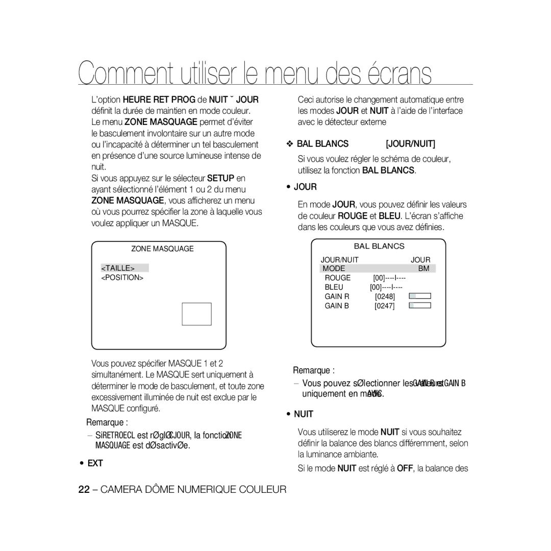 Samsung SCC-B5335P, SCC-B5335BP, SCC-B5333BP, SCC-B5331P, SCC-B5331BP, SCC-B5333P/CDM, SCC-B5331N manual BAL Blancs, Ext 