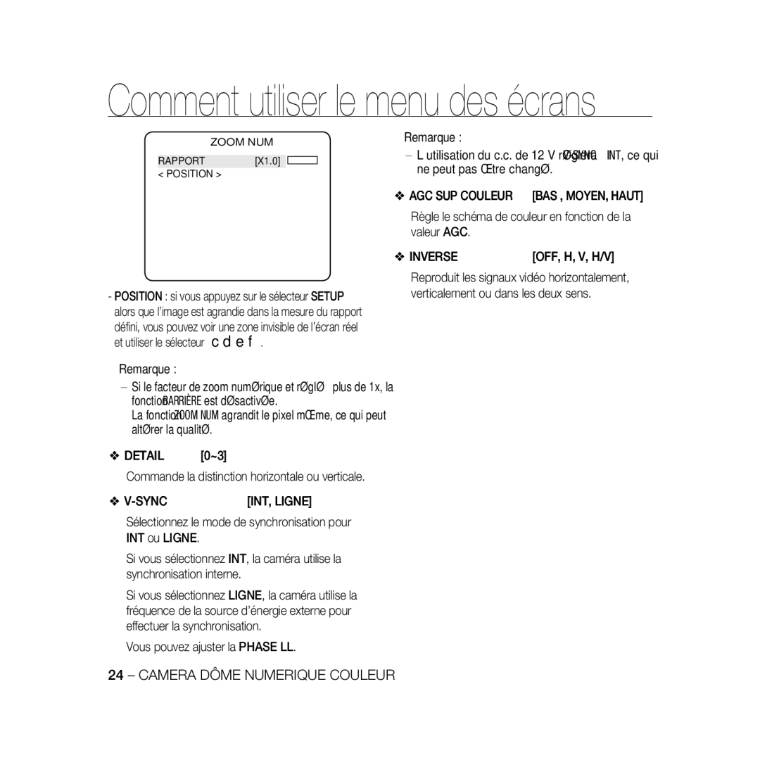 Samsung SCC-B5333BP AGC SUP Couleur BAS , MOYEN, Haut, Règle le schéma de couleur en fonction de la valeur AGC, Inverse 