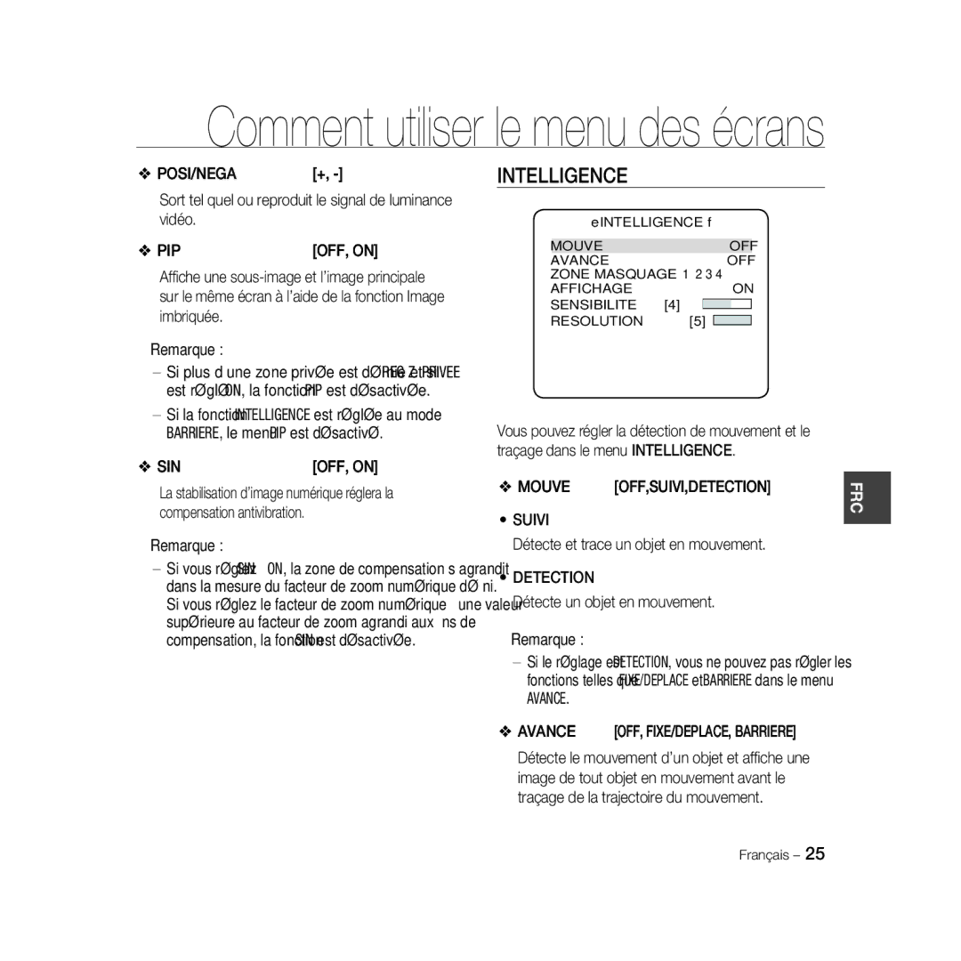 Samsung SCC-B5335P, SCC-B5335BP, SCC-B5333BP, SCC-B5331P, SCC-B5331BP, SCC-B5333P/CDM, SCC-B5331N manual Suivi, Avance 