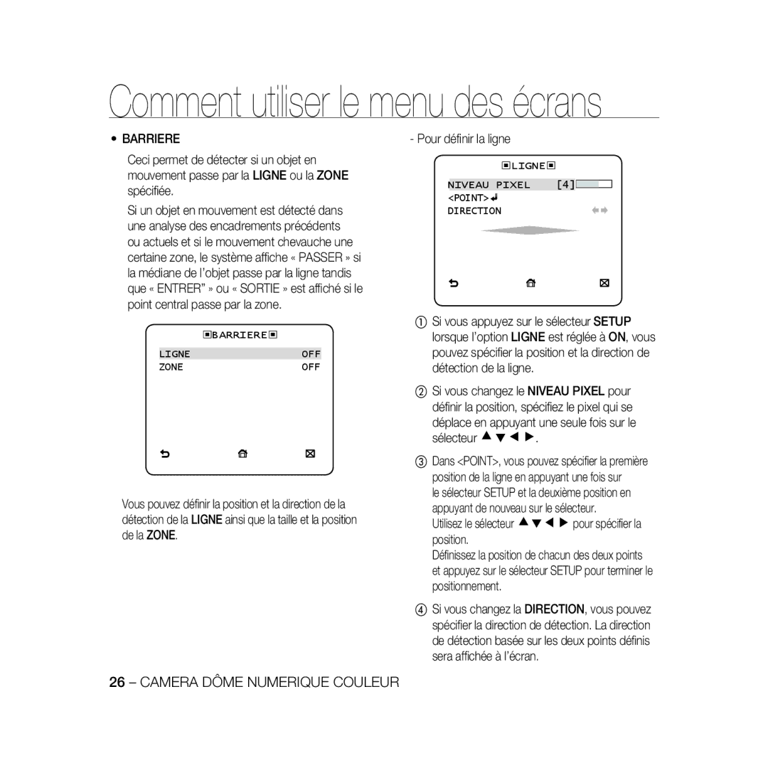 Samsung SCC-B5331P, SCC-B5335P, SCC-B5335BP, SCC-B5333BP Barriere, Déplace en appuyant une seule fois sur le sélecteur cdef 