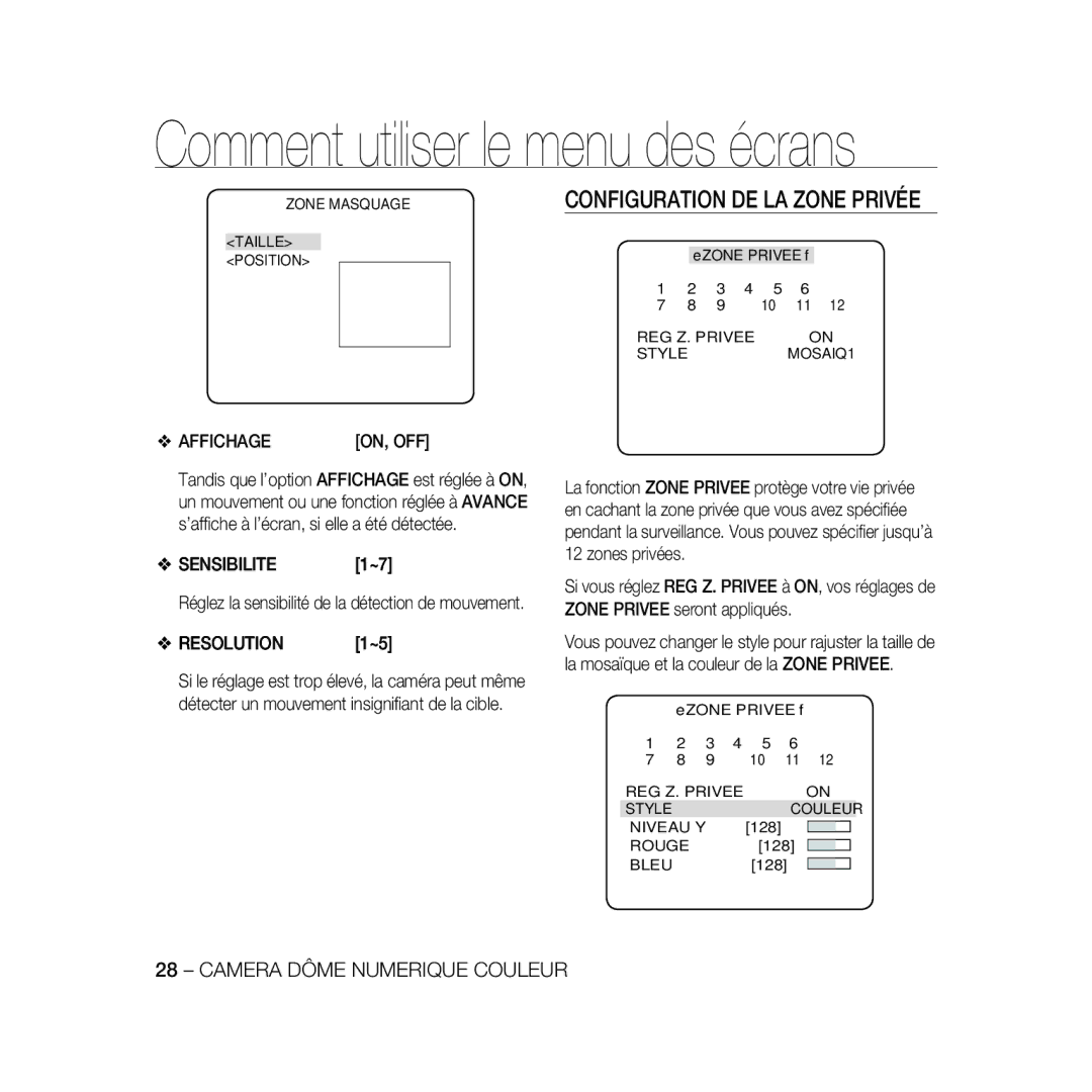 Samsung SCC-B5333P/CDM, SCC-B5335P, SCC-B5335BP, SCC-B5333BP manual Configuration DE LA Zone Privée, Affichage, Sensibilite 