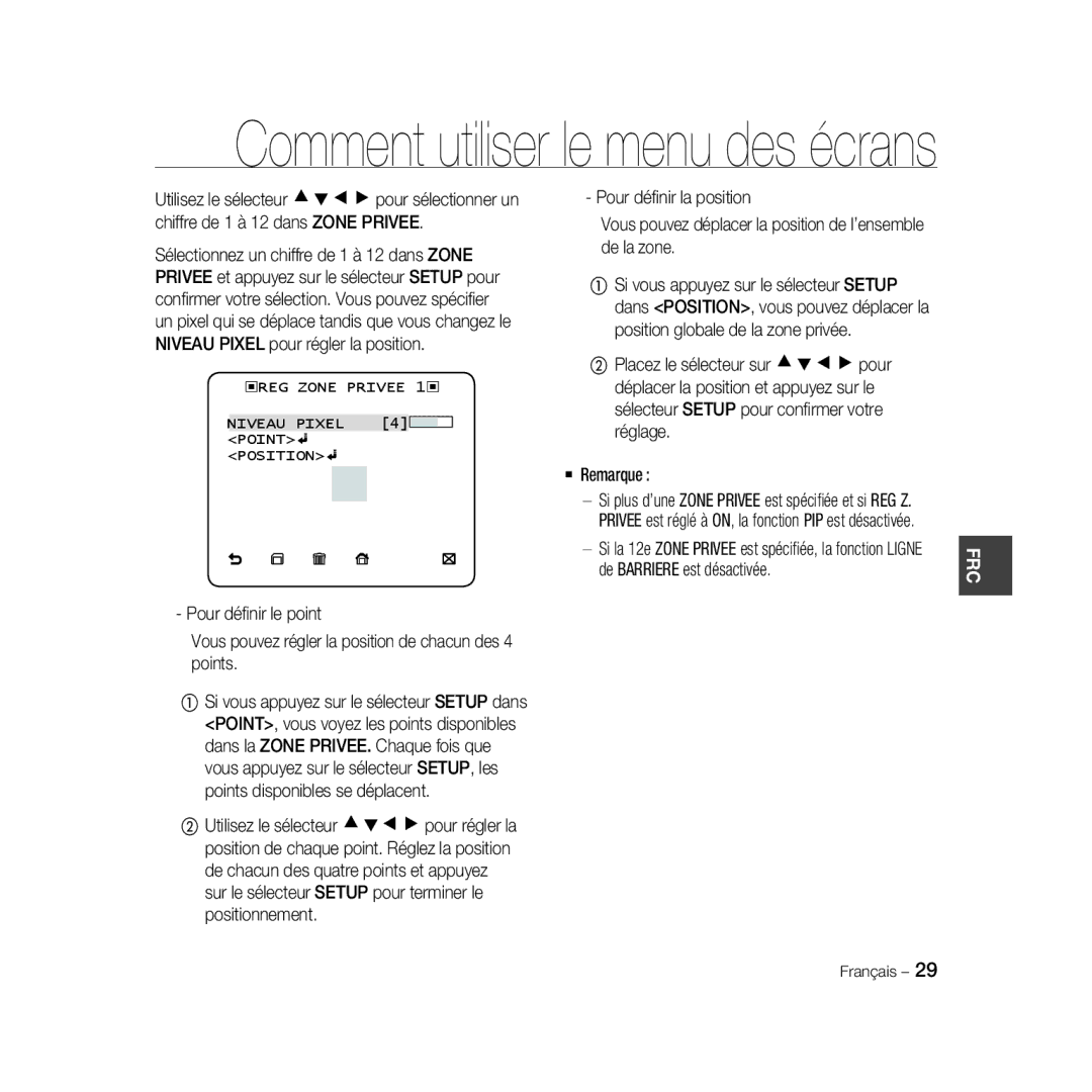 Samsung SCC-B5331N, SCC-B5335P, SCC-B5335BP, SCC-B5333BP, SCC-B5333P manual ‹REG Zone Privee 1‹ Niveau Pixel Point Position 