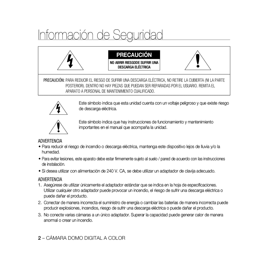 Samsung SCC-B5335P, SCC-B5335BP, SCC-B5333BP, SCC-B5333P, SCC-B5331P, SCC-B5331BP manual Información de Seguridad, Precaución 