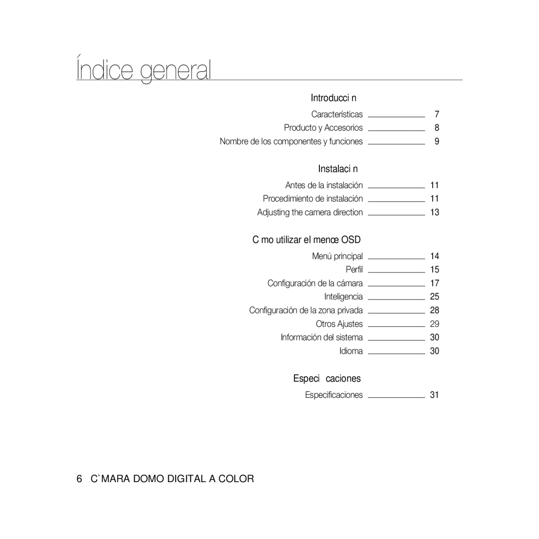 Samsung SCC-B5331P, SCC-B5335P, SCC-B5335BP, SCC-B5333BP, SCC-B5331BP, SCC-B5333P/CDM, SCC-B5331N manual Índice general 