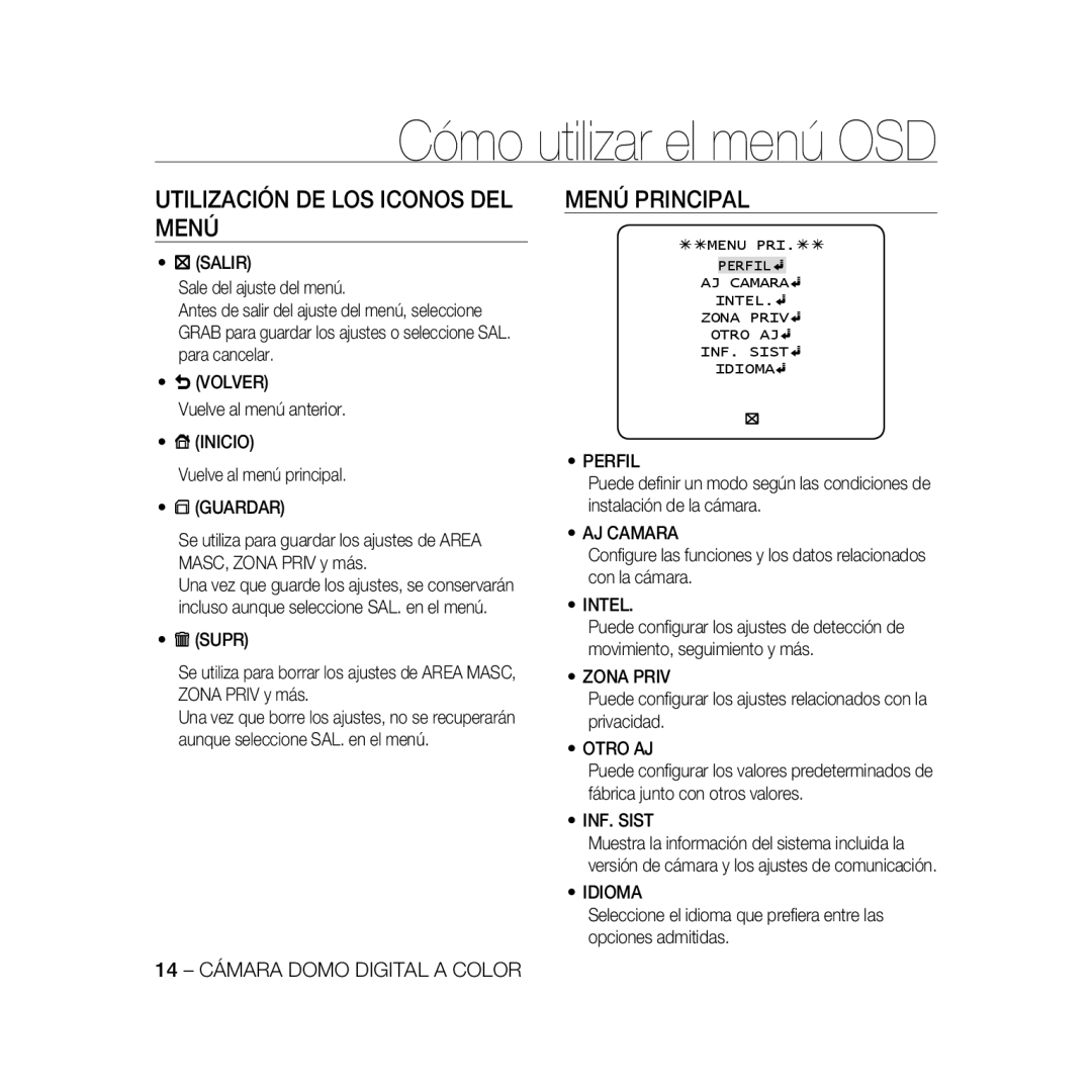 Samsung SCC-B5331P, SCC-B5335P, SCC-B5335BP, SCC-B5333BP, SCC-B5333P manual Utilización DE LOS Iconos DEL Menú, Menú Principal 