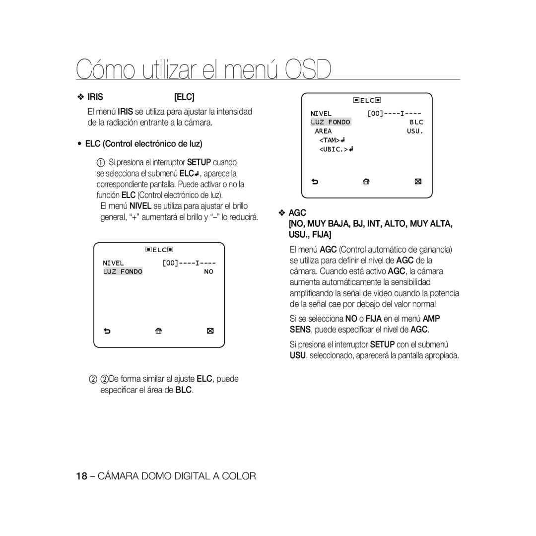 Samsung SCC-B5335P, SCC-B5333P Iris, ELC Control electrónico de luz, AGC NO, MUY BAJA, BJ, INT, ALTO, MUY ALTA, USU., Fija 