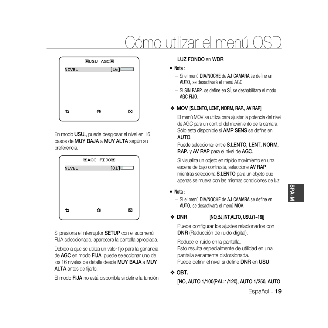 Samsung SCC-B5335BP, SCC-B5335P, SCC-B5333BP LUZ Fondo en WDR  Nota, AGC Fijo MOV S.LENTO, LENT, NORM, RAP., AV RAP, Dnr 