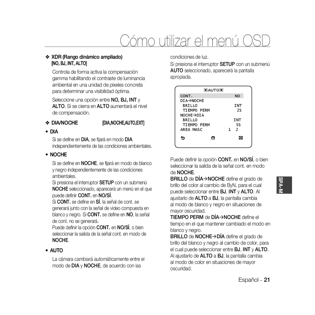 Samsung SCC-B5333P, SCC-B5335P, SCC-B5335BP, SCC-B5333BP manual XDR Rango dinámico ampliado NO, BJ, INT, Alto, Dia, Noche Auto 