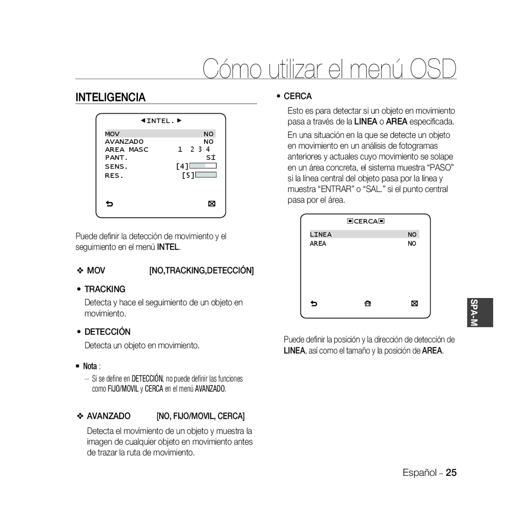 Samsung SCC-B5331N, SCC-B5335P, SCC-B5335BP, SCC-B5333BP, SCC-B5333P, SCC-B5331P manual Inteligencia, Cerca, Detección, Avanzado 