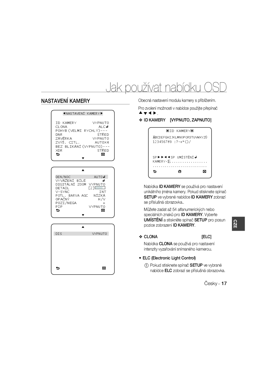 Samsung SCC-B5333BP, SCC-B5335P manual Nastavení Kamery, ID Kamery VYPNUTO, Zapnuto, Clona, ELC Electronic Light Control 