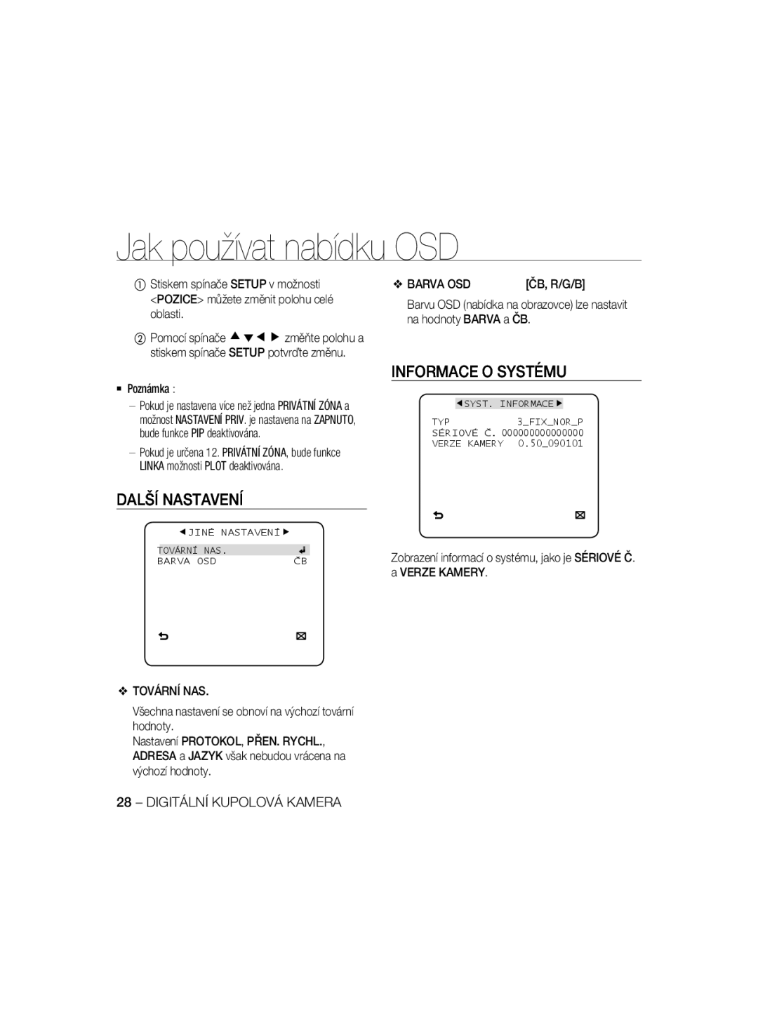 Samsung SCC-B5331BP, SCC-B5335P, SCC-B5335BP, SCC-B5333BP manual Informace O Systému, Další Nastavení, Barva OSD, Tovární NAS 