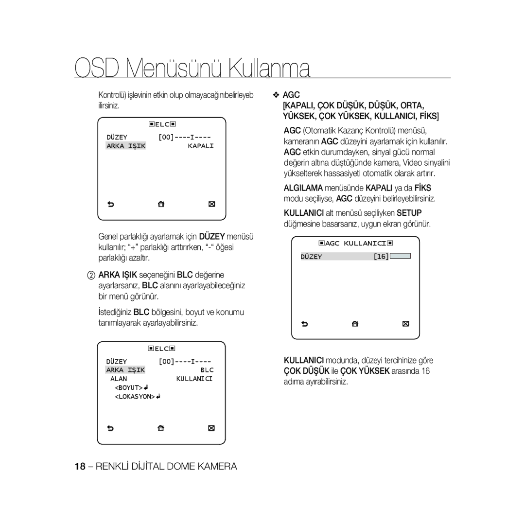 Samsung SCC-B5331BP, SCC-B5335P manual Düzey Arka Işik Kapali, Düzey Arka Işik BLC Alan, Boyut Lokasyon, ‹Agc Kullanici‹ 