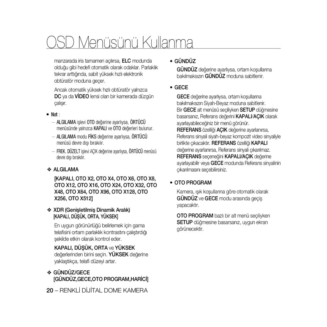 Samsung SCC-B5331N, SCC-B5335P, SCC-B5335BP manual Algilama, GÜNDÜZ/GECE GÜNDÜZ,GECE,OTO PROGRAM,HARİCİ Gündüz, OTO Program 