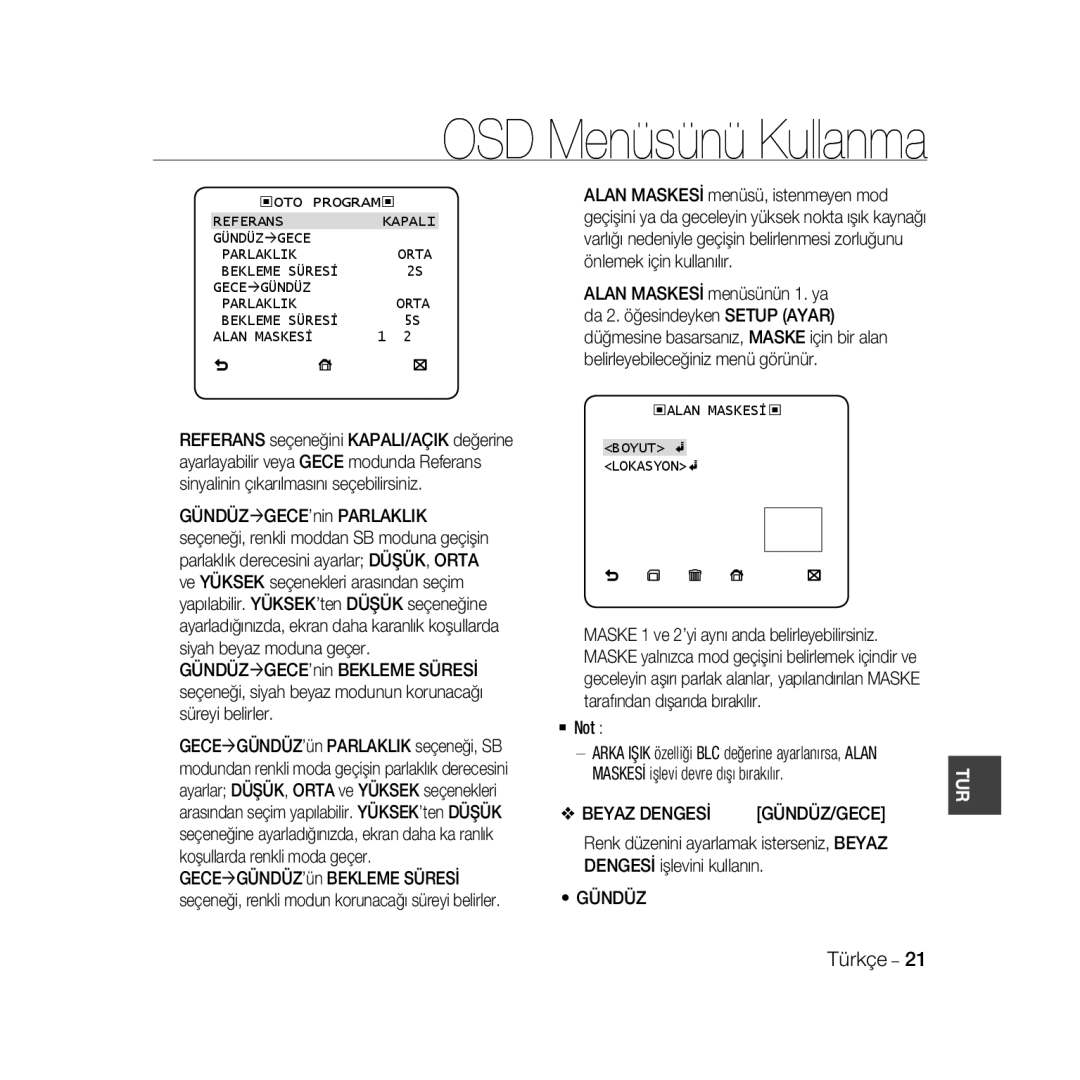 Samsung SCC-B5335P manual Beyaz Dengesİ, ‹OTO PROGRAM‹ Referans Kapali Gündüzægece Parlaklik, ‹Alan Maskesi‹, Gündüz/Gece 