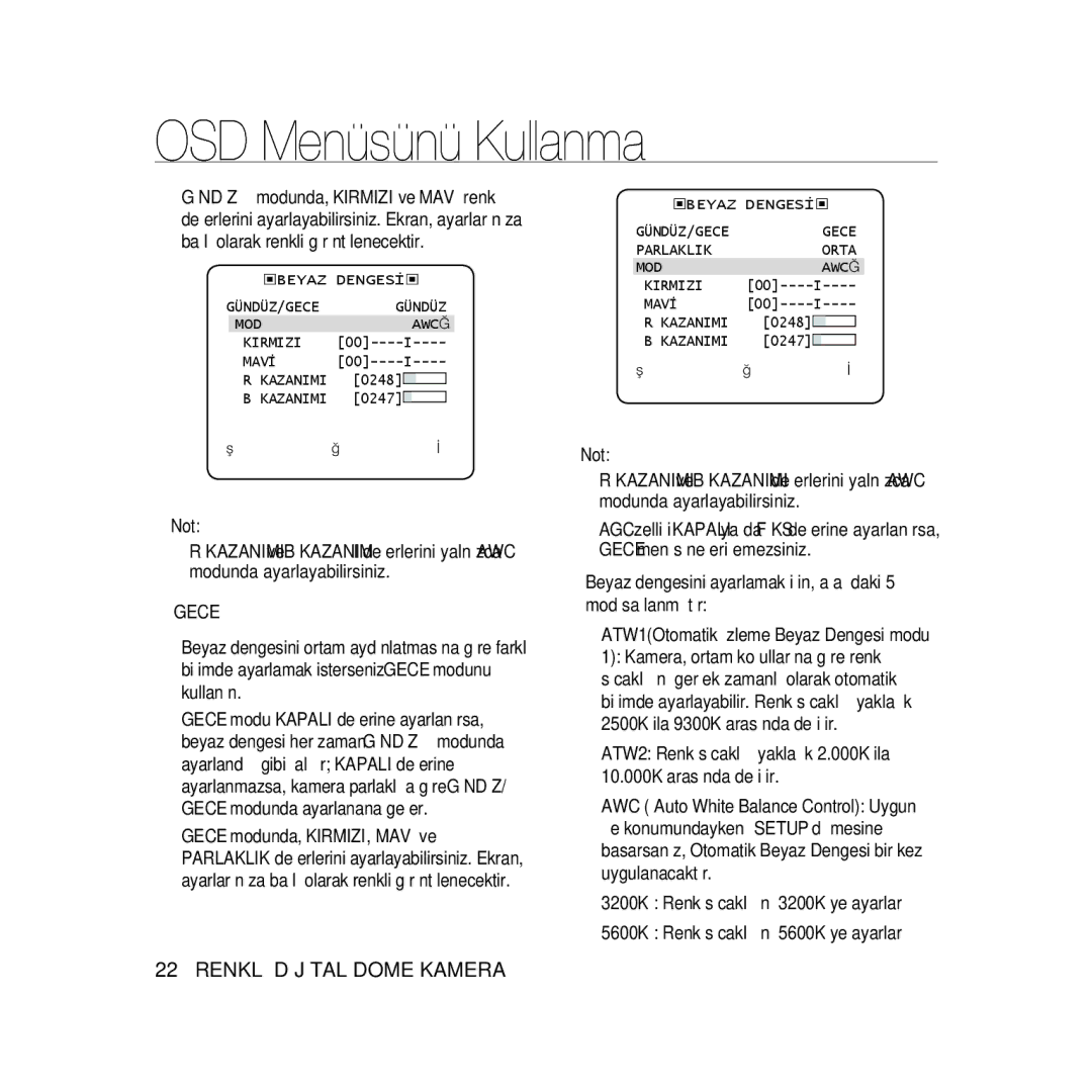 Samsung SCC-B5335BP, SCC-B5335P, SCC-B5333BP, SCC-B5333P manual Beyaz dengesini ayarlamak için, aşağıdaki 5 mod sağlanmıştır 