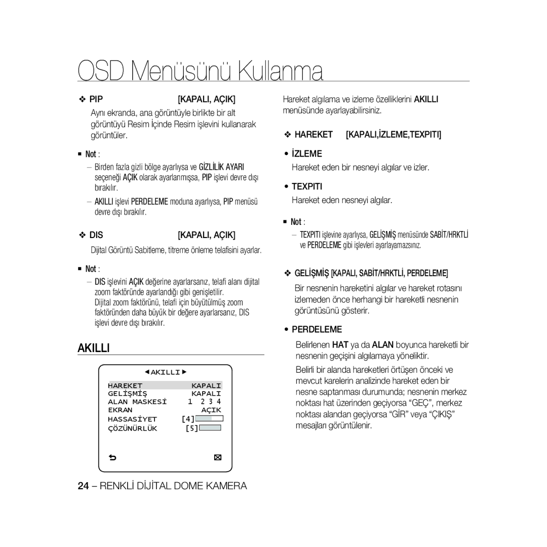 Samsung SCC-B5333P manual Akilli, Hareket KAPALI,İZLEME,TEXPITI İzleme, Texpiti, Gelİşmİş KAPALI, SABİT/HRKTLİ, Perdeleme 