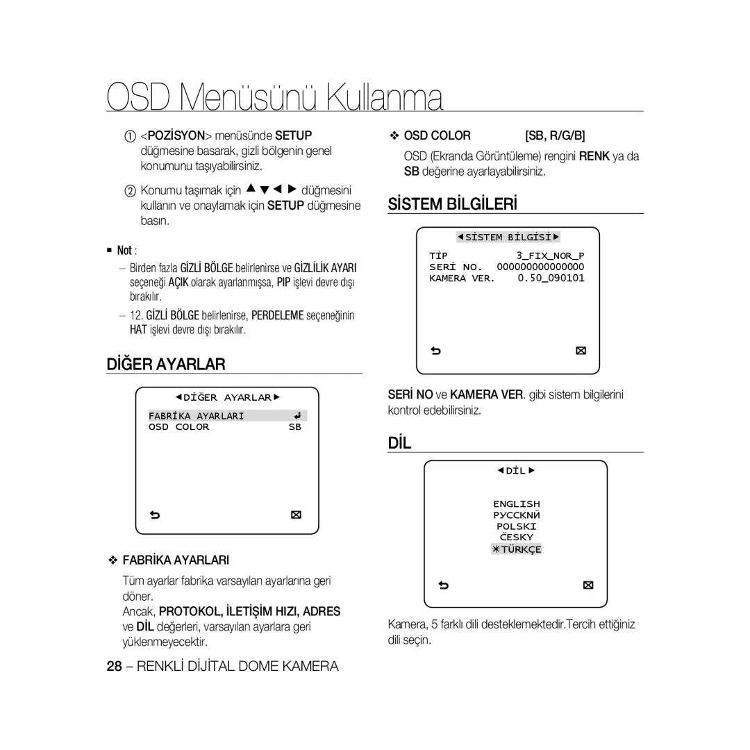 Samsung SCC-B5331N, SCC-B5335P, SCC-B5335BP, SCC-B5333BP Dİğer Ayarlar, Sİstem Bİlgİlerİ, Dil, Fabrİka Ayarlari, Sb, R/G/B 