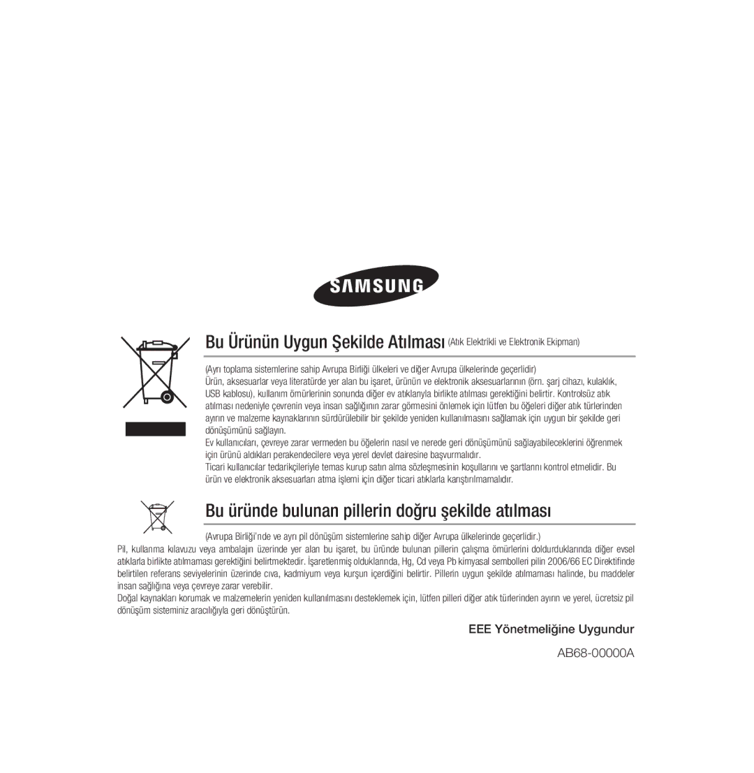 Samsung SCC-B5331BP, SCC-B5335P Bu üründe bulunan pillerin doğru şekilde atılması, EEE Yönetmeliğine Uygundur AB68-00000A 