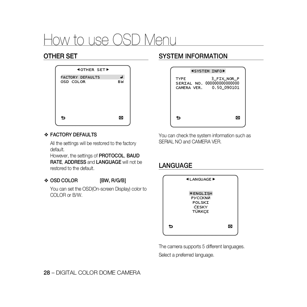 Samsung SCC-B5331P, SCC-B5335P, SCC-B5335BP, SCC-B5333P Other SET, System Information, Language, Factory Defaults, OSD Color 