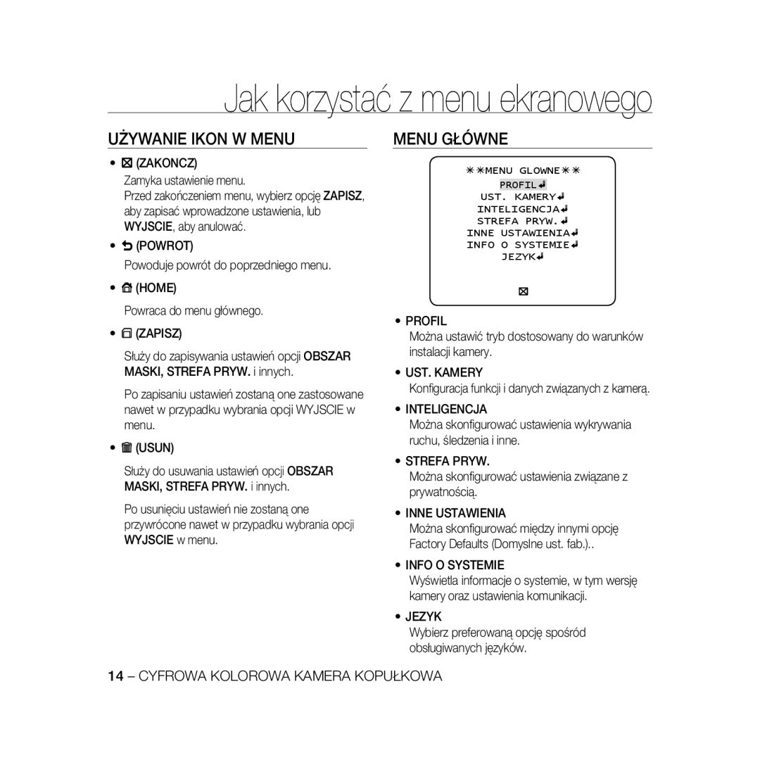 Samsung SCC-B5331P, SCC-B5335P, SCC-B5335BP, SCC-B5333BP, SCC-B5333P, SCC-B5331BP, SCC-B5331N Używanie Ikon W Menu, Menu Główne 