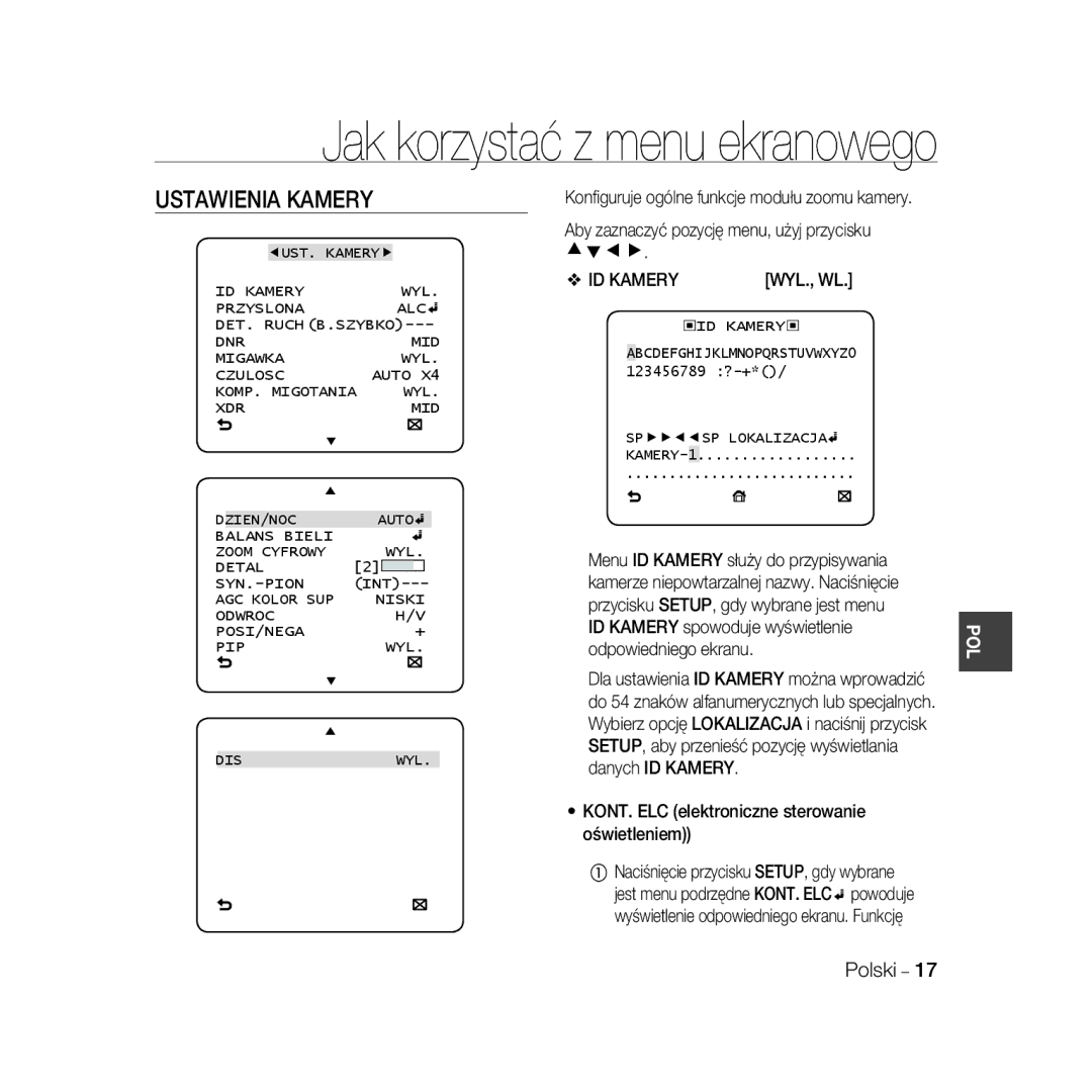 Samsung SCC-B5331N, SCC-B5335P manual Ustawienia Kamery, KONT. ELC elektroniczne sterowanie oświetleniem, ‹ID Kamery ‹ 