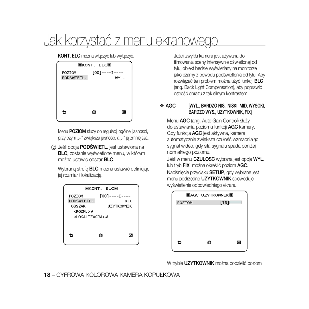 Samsung SCC-B5335P, SCC-B5335BP manual KONT. ELC można włączyć lub wyłączyć, Agc, Trybie Uzytkownik można podzielić poziom 