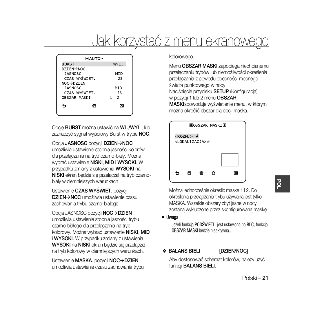 Samsung SCC-B5333P manual Kolorowego, Balans Bieli, Burst WYL Dzien Ænoc Jasnosc MID Czas Wyświet NOC Ædzien, Dzien/Noc 