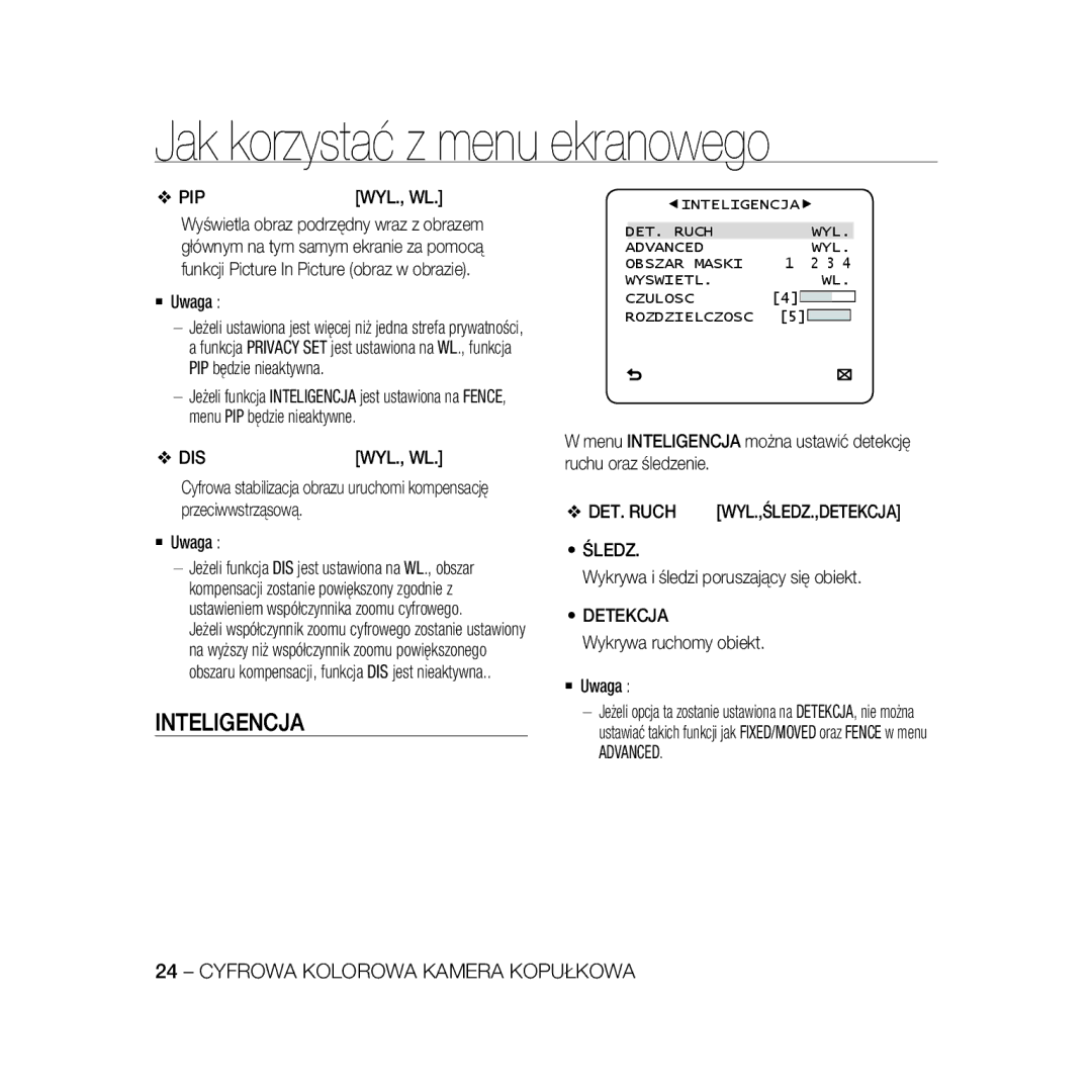 Samsung SCC-B5333P/CDM, SCC-B5335P, SCC-B5335BP manual Inteligencja, Śledz, Wykrywa i śledzi poruszający się obiekt, Detekcja 