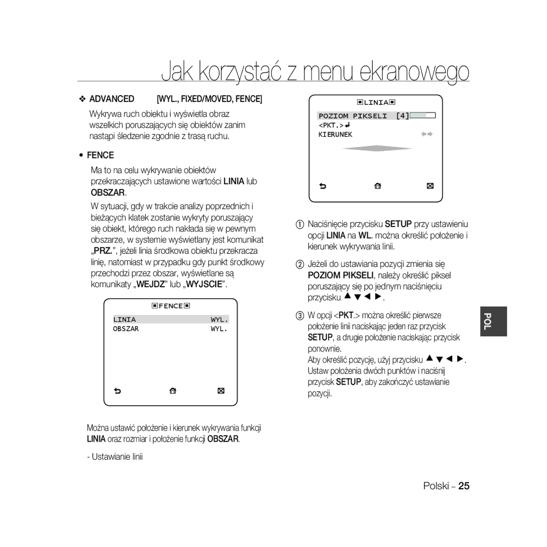 Samsung SCC-B5331N manual Poruszający się po jednym naciśnięciu przycisku cdef, Ustawianie linii, Linia WYL Obszar 