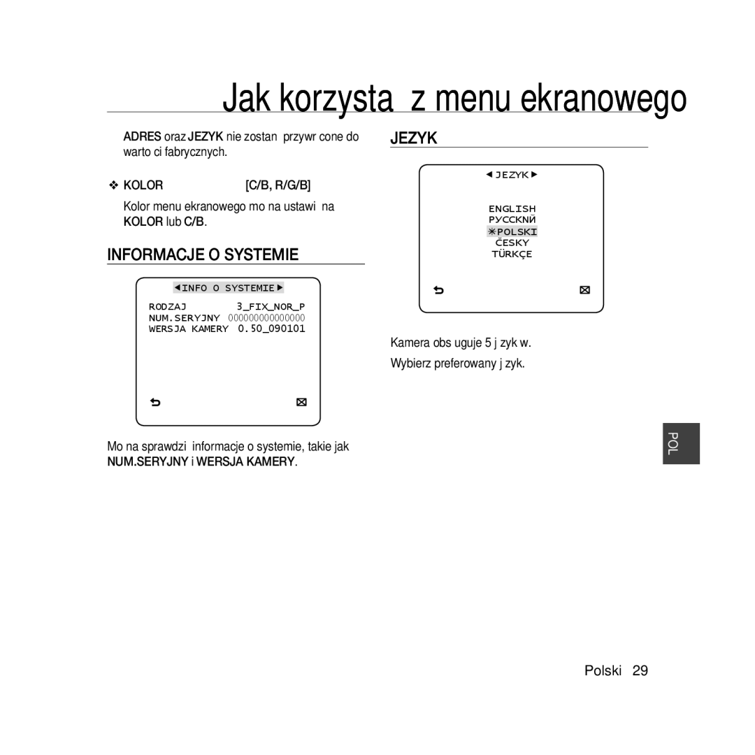 Samsung SCC-B5333P manual Informacje O Systemie, Jezyk, R/G/B, Kolor menu ekranowego można ustawić na Kolor lub C/B 