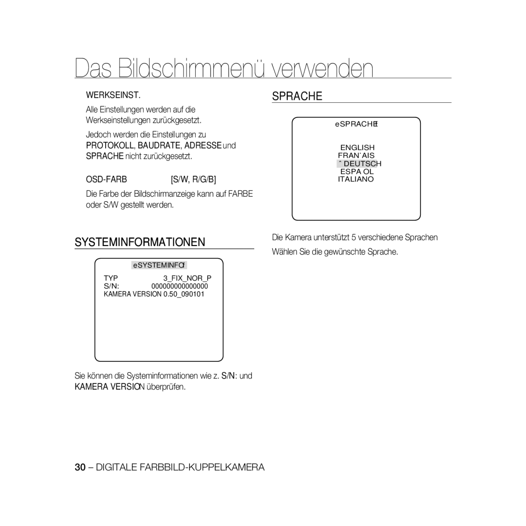 Samsung SCC-B5331P, SCC-B5335P, SCC-B5335BP, SCC-B5333BP, SCC-B5333P manual Systeminformationen, Sprache, Werkseinst, Osd-Farb 