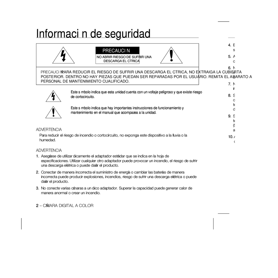 Samsung SCC-B5331P, SCC-B5335P, SCC-B5335BP, SCC-B5333BP, SCC-B5333P, SCC-B5331BP manual Advertencia, Cámara Digital a Color 