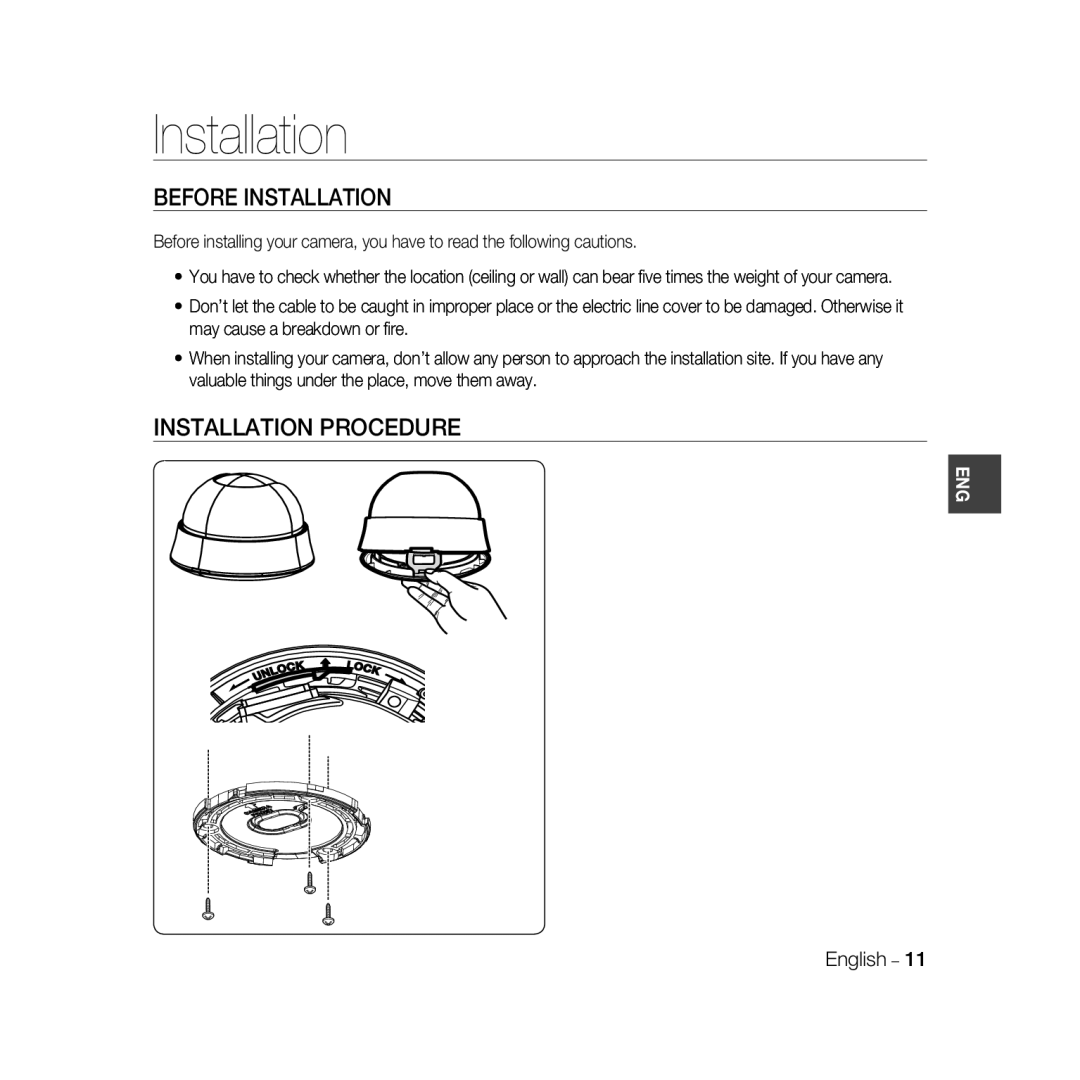 Samsung SCC-B5333P, SCC-B5335P, SCC-B5335BP, SCC-B5333BP, SCC-B5331P manual Before Installation, Installation Procedure 