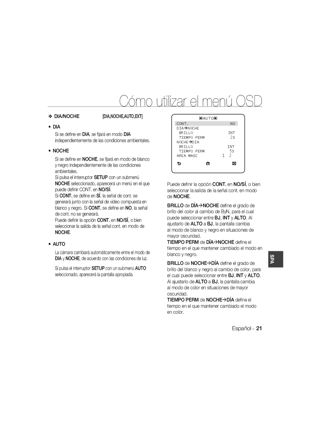 Samsung SCC-B5331N, SCC-B5335P, SCC-B5335BP, SCC-B5333BP, SCC-B5333P, SCC-B5331P, SCC-B5331BP manual Dia, Noche Auto 