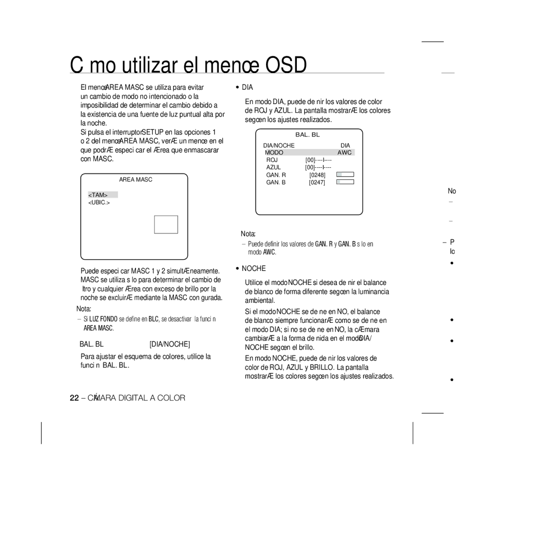 Samsung SCC-B5335P, SCC-B5335BP, SCC-B5333BP, SCC-B5333P, SCC-B5331P, SCC-B5331BP manual Area Masc, 22 Cámara Digital a Color 